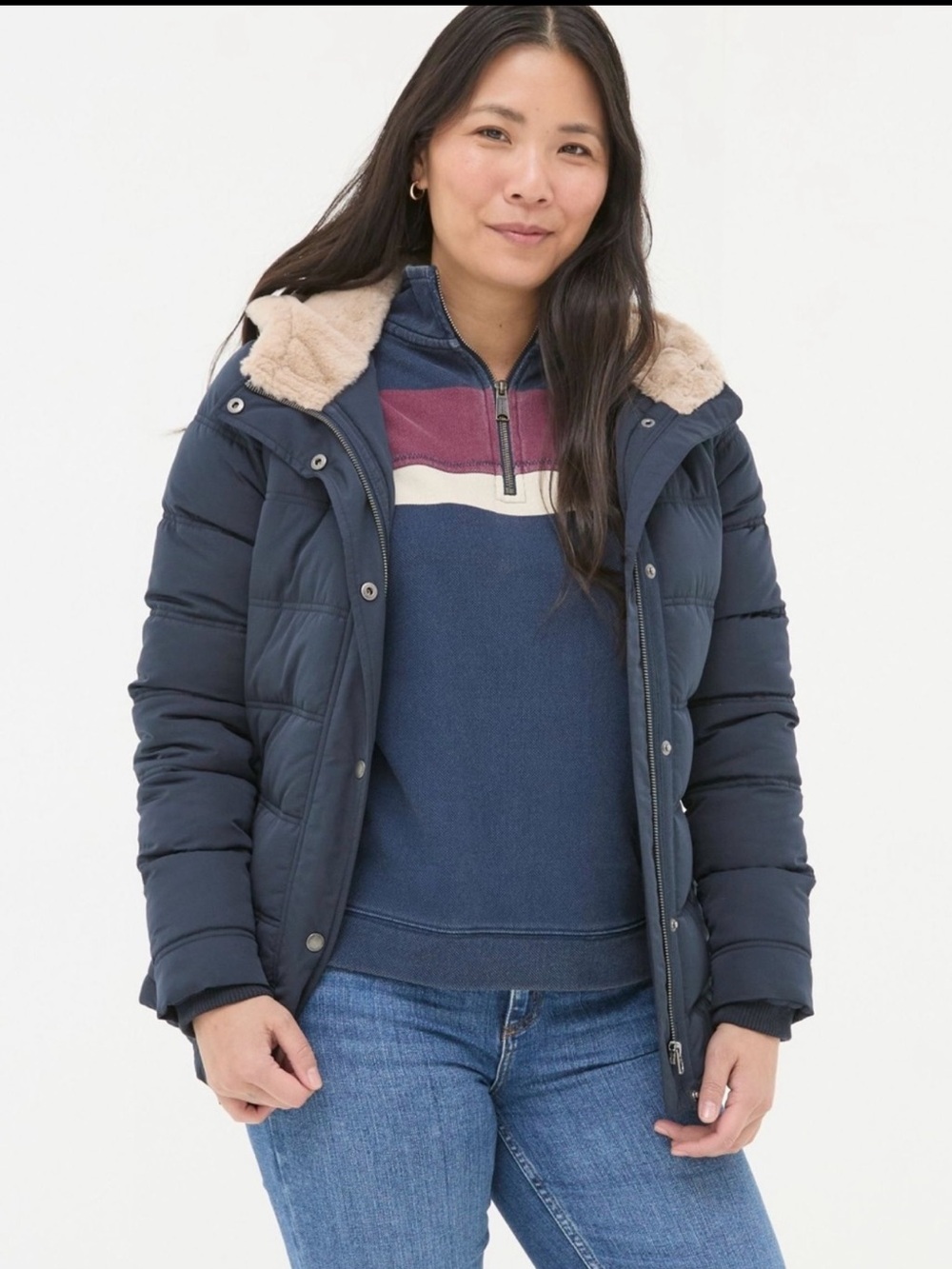 Fatface Lara Jacket Hooded Puffer Jacket in Navy with Faux-Fur Trim